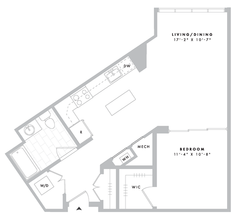 Floor plan for 1 bed, 1 bath, 756 sqft